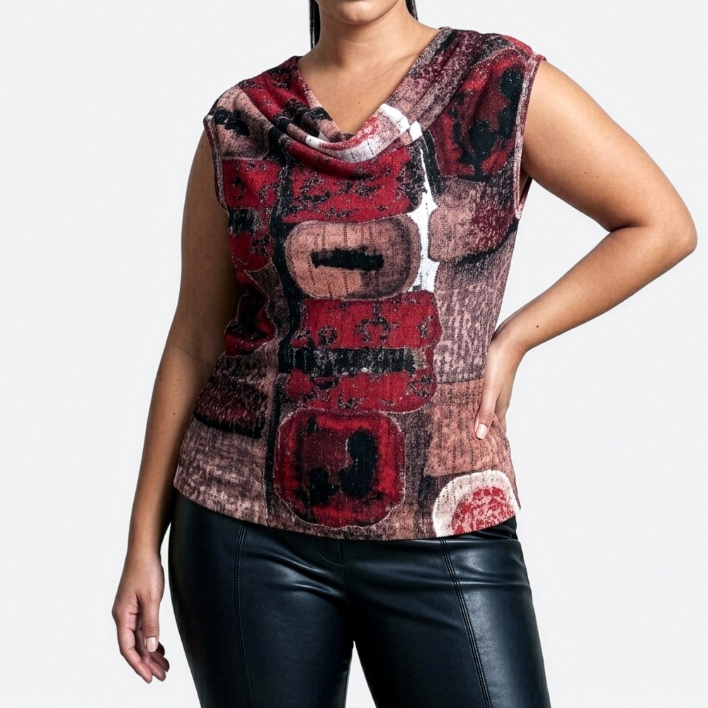 NIC+ZOE Distressed Knit Top M L 10 Brick Red Abstract Art To Wear Grunge